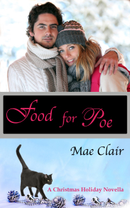 Book cover of Food for Poe by Mae Clair shows attractive young couple, a black cat and Christmas ornaments
